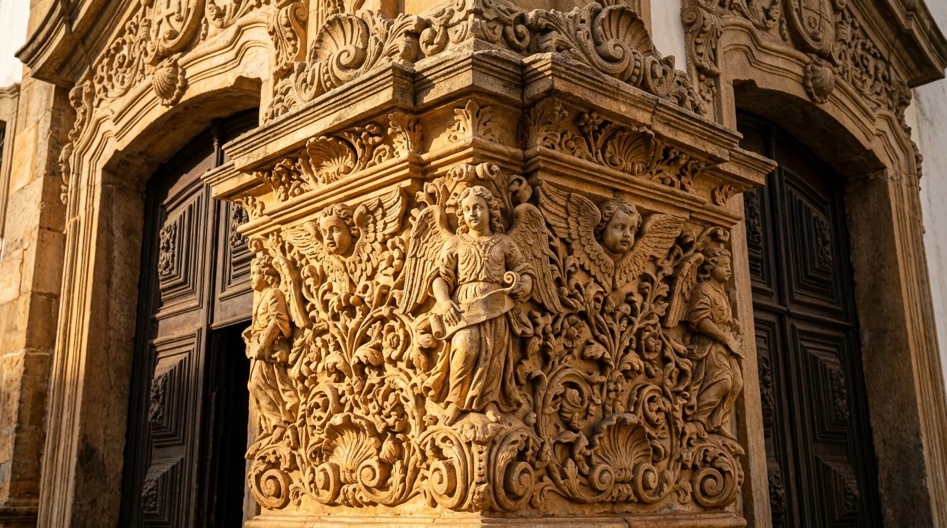 Portal barroco de pedra-sabão esculpido em cidade histórica brasileira