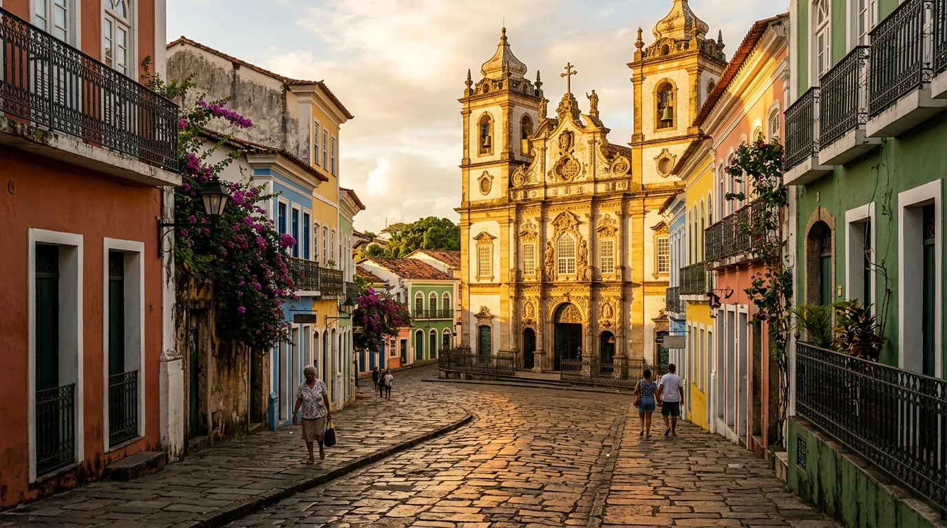 Rua colonial brasileira com fachada de igreja barroca