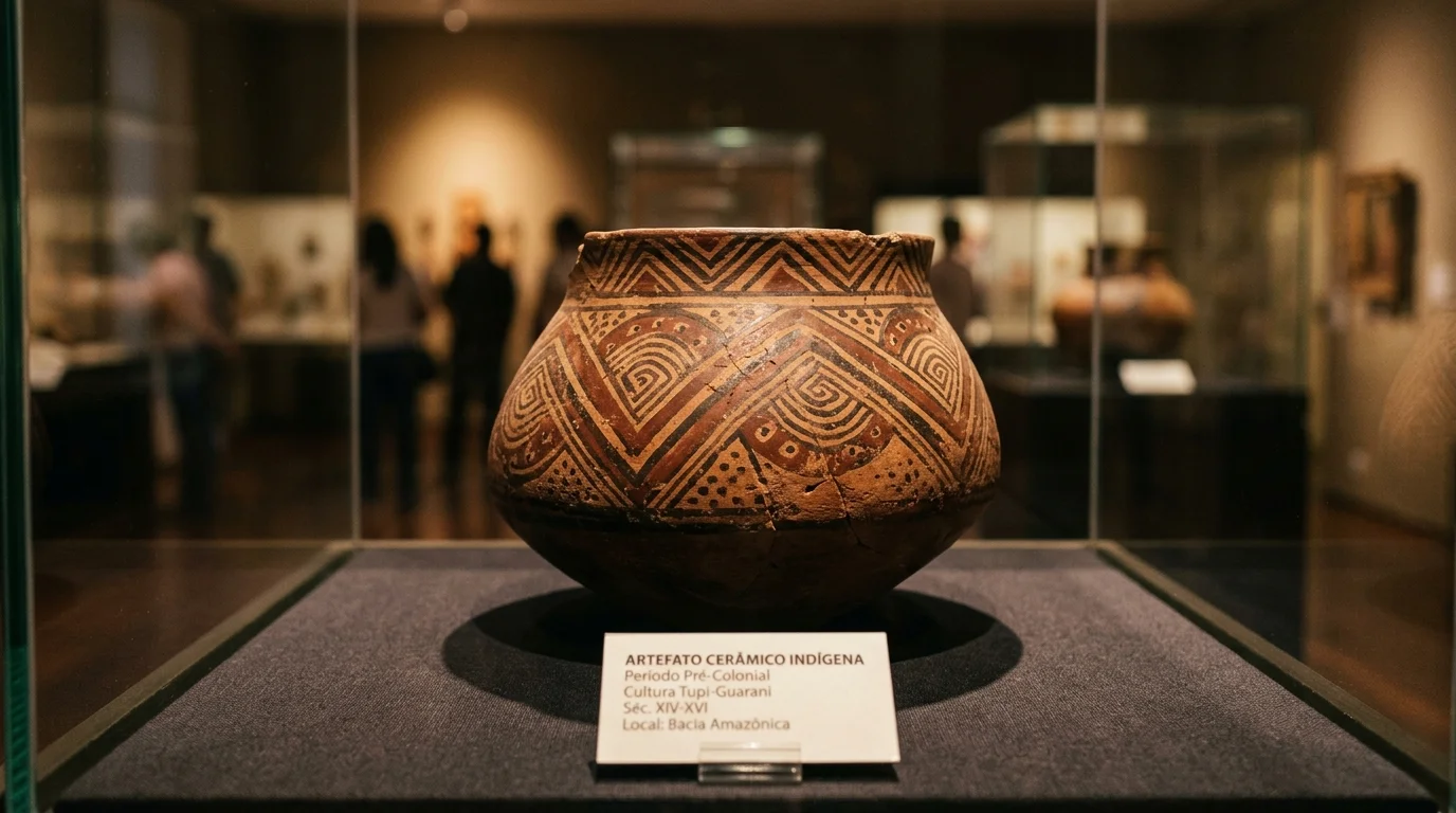 Detalhe de cerâmica indígena em vitrine de museu brasileiro