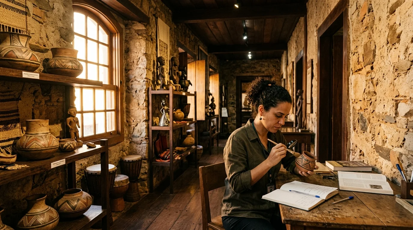Museu regional brasileiro com artefatos históricos indígenas e afro-brasileiros em sobrado colonial