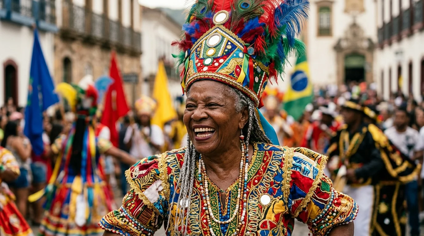 Dançarino de Congada com fantasia tradicional bordada de padrões africanos