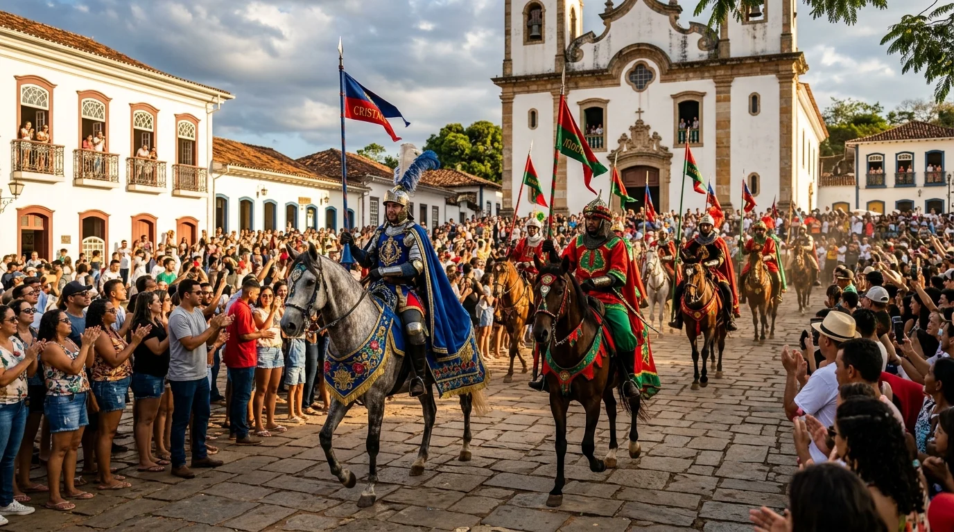 Cavalhadas goianas festival medieval cavaleiros com armaduras coloridas em praça colonial