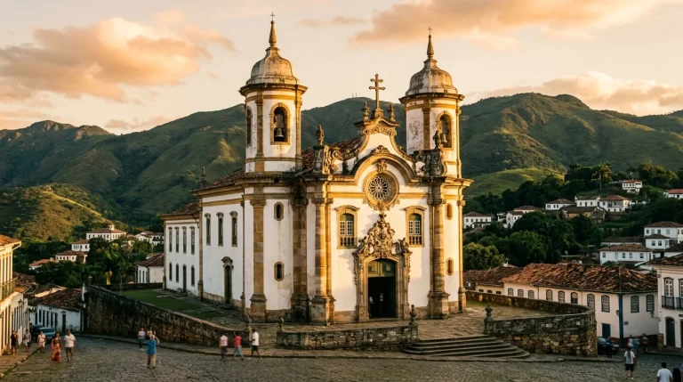 Fachada barroca de igreja em Ouro Preto Minas Gerais com entalhes em pedra-sabão de Aleijadinho