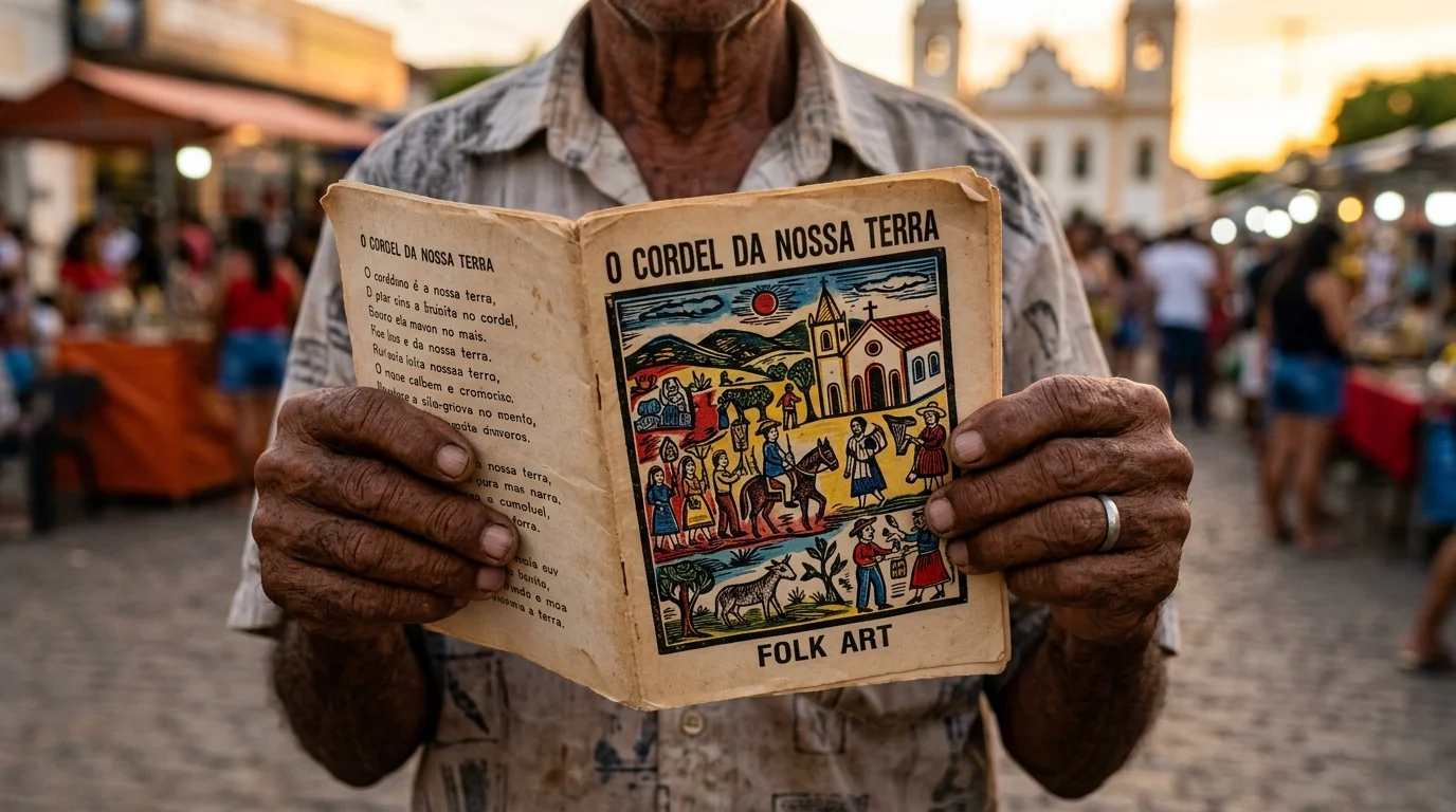 Mãos de contador de histórias brasileiro mostrando literatura de cordel no Ceará