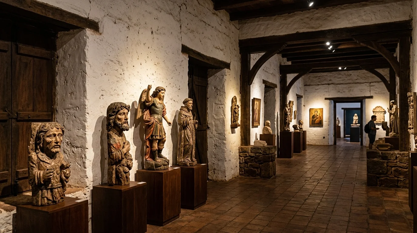 Interior do Museu das Missões com esculturas guaranis barrocas em pedra