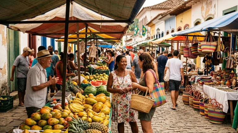 Feira local brasileira com vendedores coloridos de frutas tropicais e artesanato em calçamento histórico
