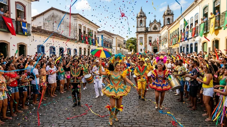 Festa tradicional brasileira com trajes folclóricos coloridos em praça histórica colonial