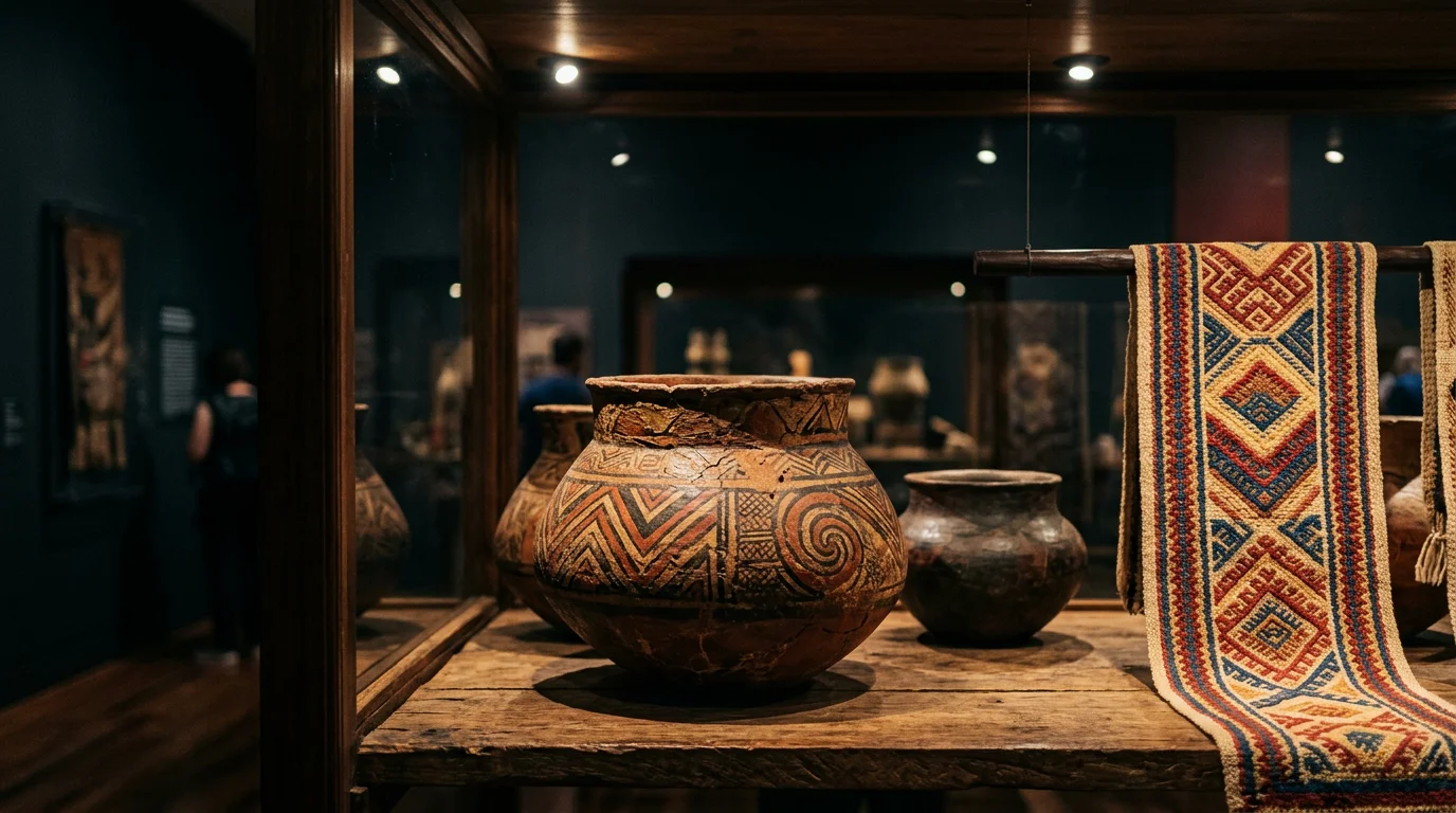 Exposição de artefatos indígenas brasileiros em museu