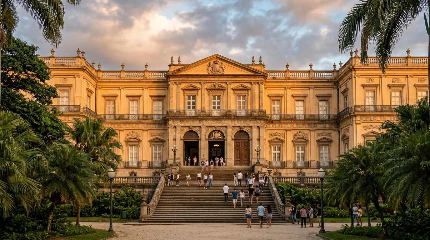 Fachada histórica de museu brasileiro com arquitetura colonial e luz dourada