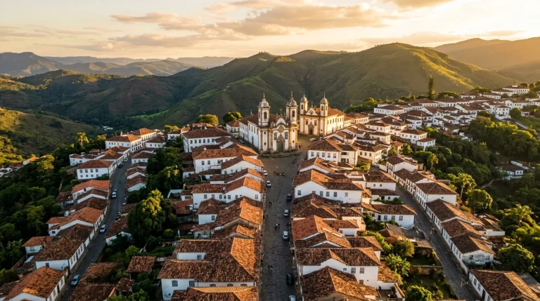 Roteiros Culturais pelo Brasil que Nenhuma Agência Monta para Você Vista aérea de cidade histórica brasileira com telhados coloniais vermelhos e torres de igrejas barrocas