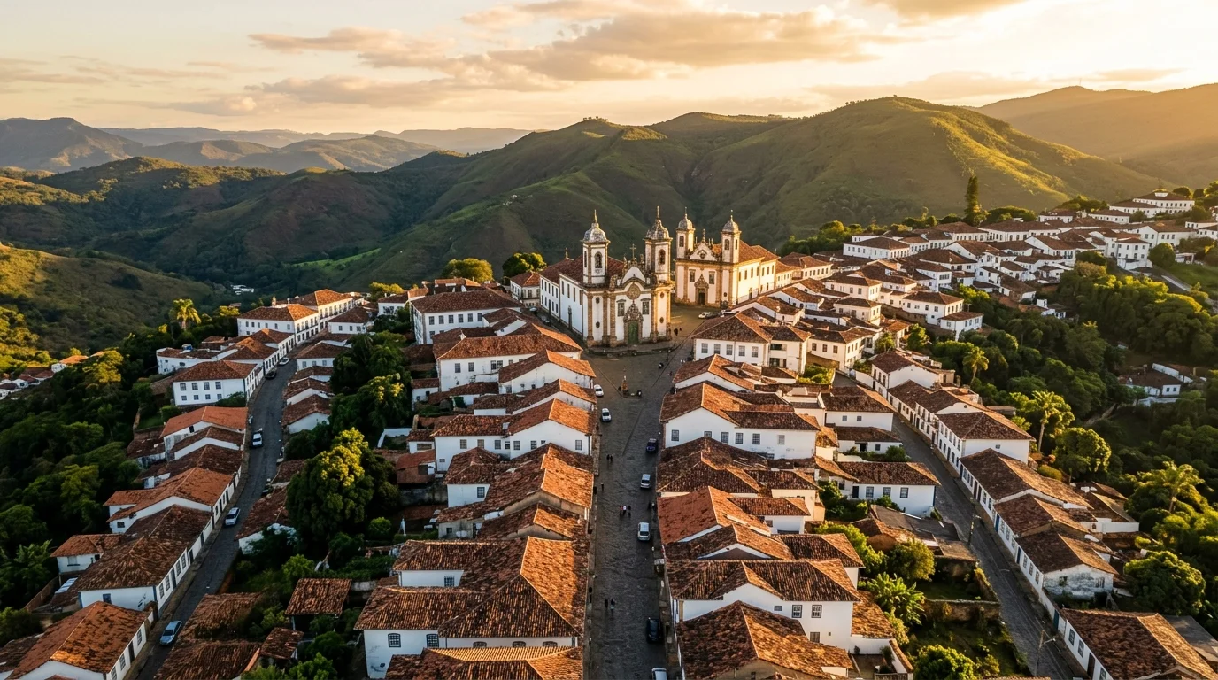 Vista aérea de cidade histórica brasileira com telhados coloniais e torres barrocas