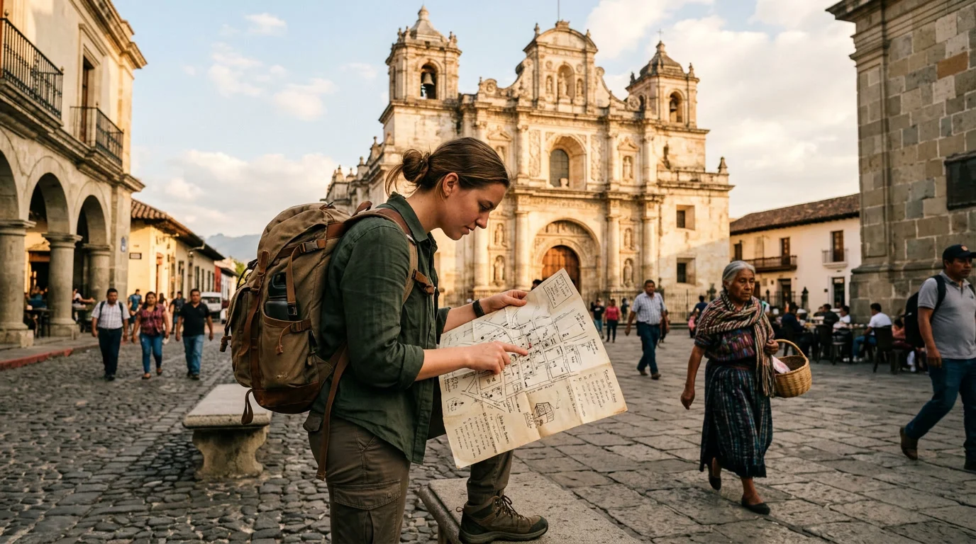 Viajante com mochila estudando mapa em praça histórica com igreja barroca