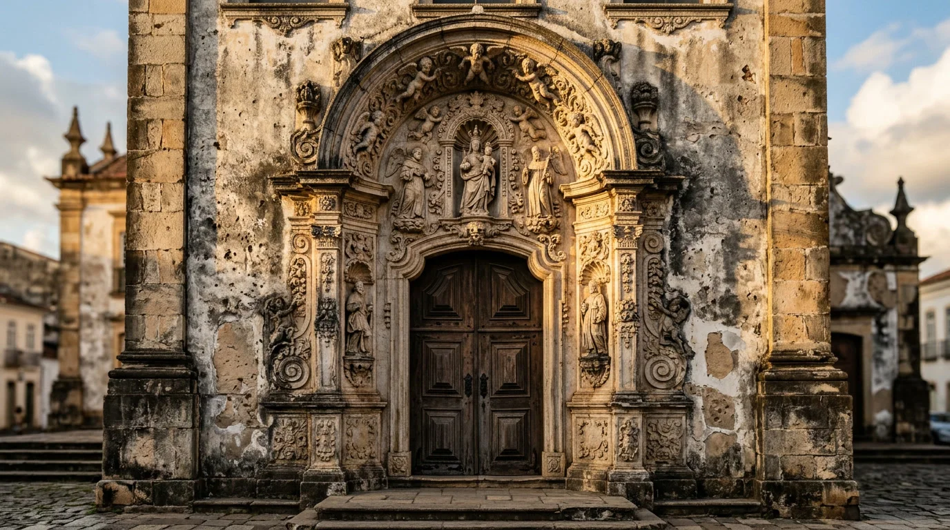 Detalhe arquitetônico de portal barroco colonial brasileiro