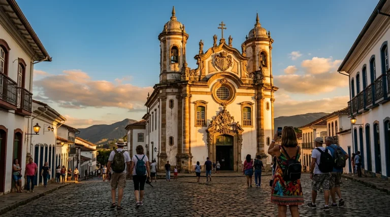 Fachada barroca de igreja em Ouro Preto com entalhes coloniais ao entardecer