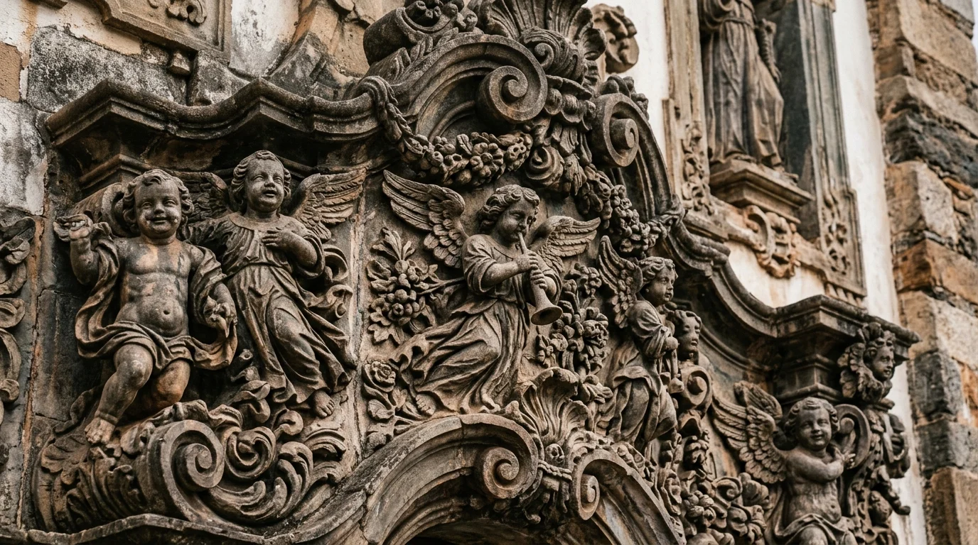 Detalhe de entalhe em pedra-sabão em igreja barroca de Ouro Preto