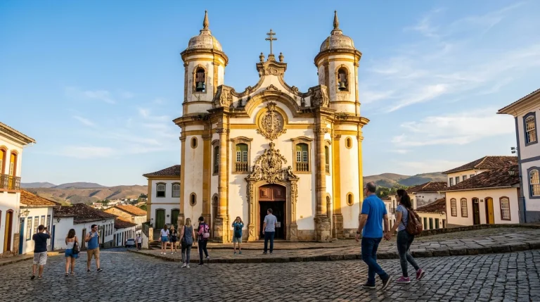 Arquitetura e Arte nas Cidades que o Turismo Ignorou Fachada barroca de igreja histórica brasileira em Minas Gerais com céu azul