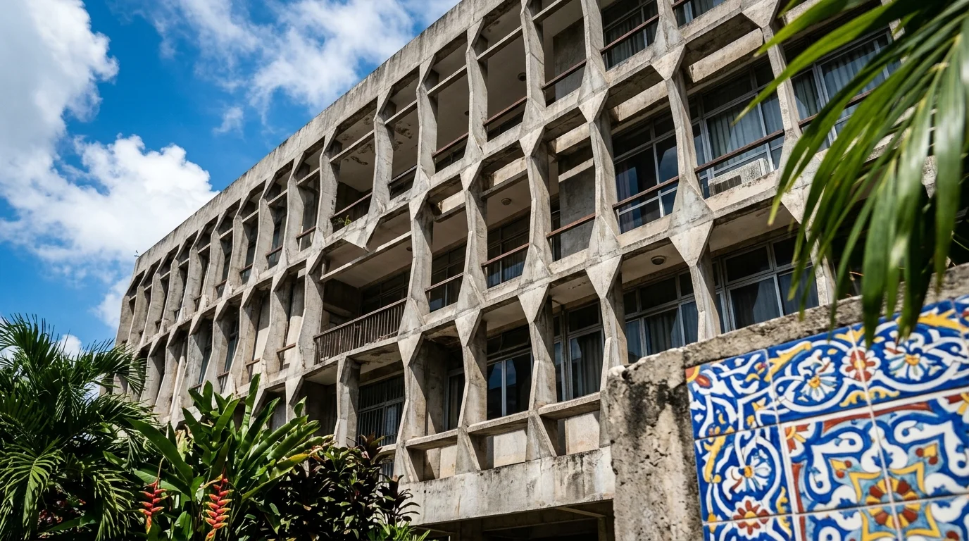 Detalhe de fachada modernista brasileira com brise-soleil e azulejos coloridos