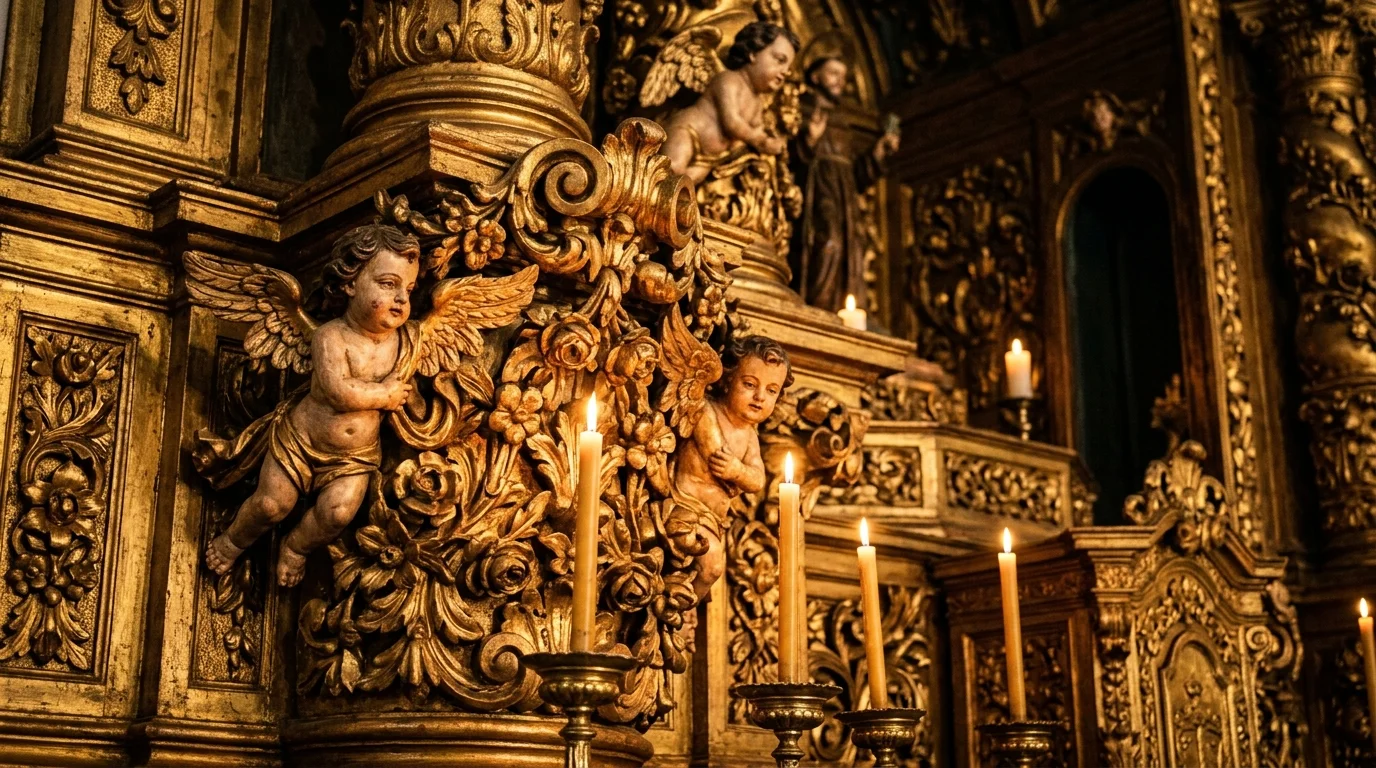 Retábulo dourado barroco em igreja colonial brasileira