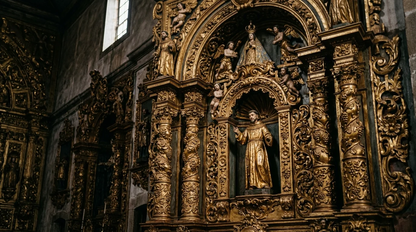 Retabulo barroco dourado interior de igreja colonial goiana
