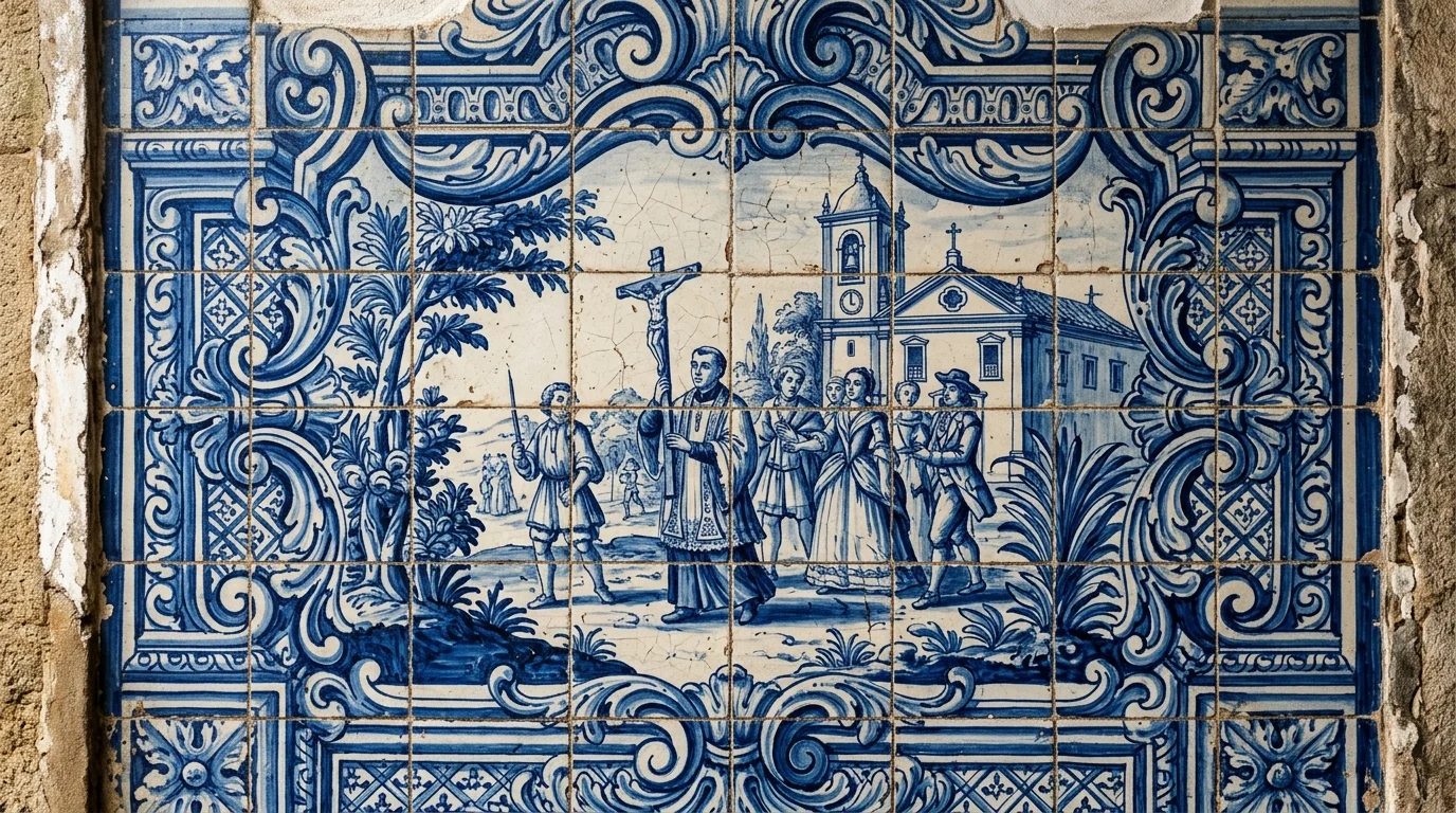 Detalhe de azulejos portugueses barrocos em parede de igreja colonial brasileira com pátina natural