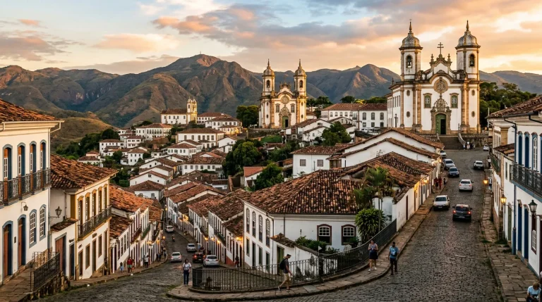 Pedra e Luz: Arquitetura e Arte nas Cidades que Resistiram Vista panorâmica de cidade histórica brasileira com igrejas barrocas e ruas de pedra no pôr do sol