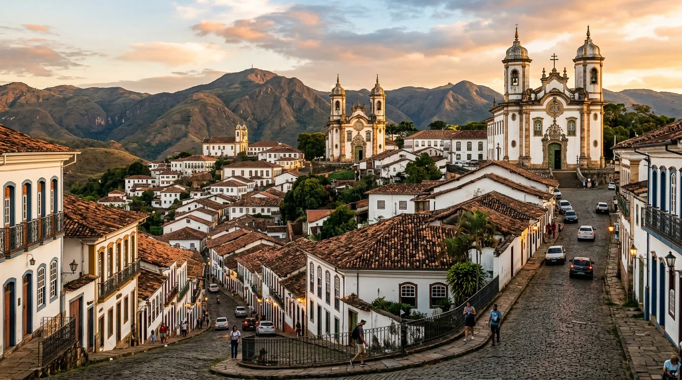 Vista panorâmica de cidade histórica brasileira com igrejas barrocas e ruas de pedra no pôr do sol