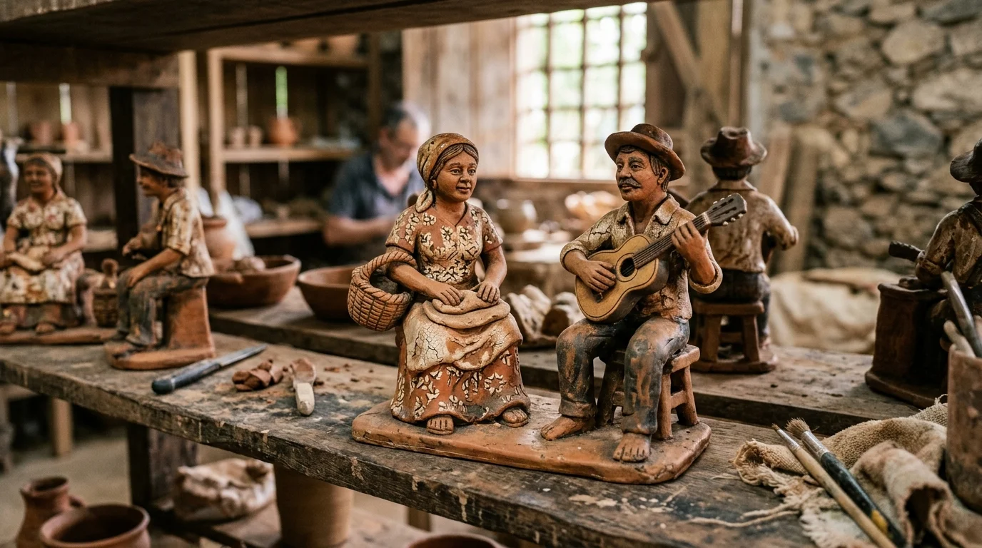 Cerâmica artesanal brasileira caipira com figurinhas de argila e técnicas tradicionais
