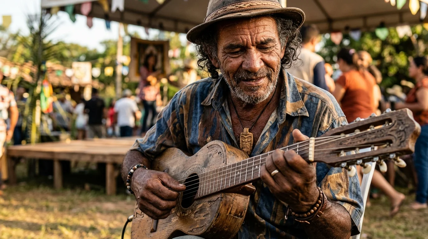 Músico pantaneiro tocando viola-de-cocho durante festival de Cururu no Pantanal