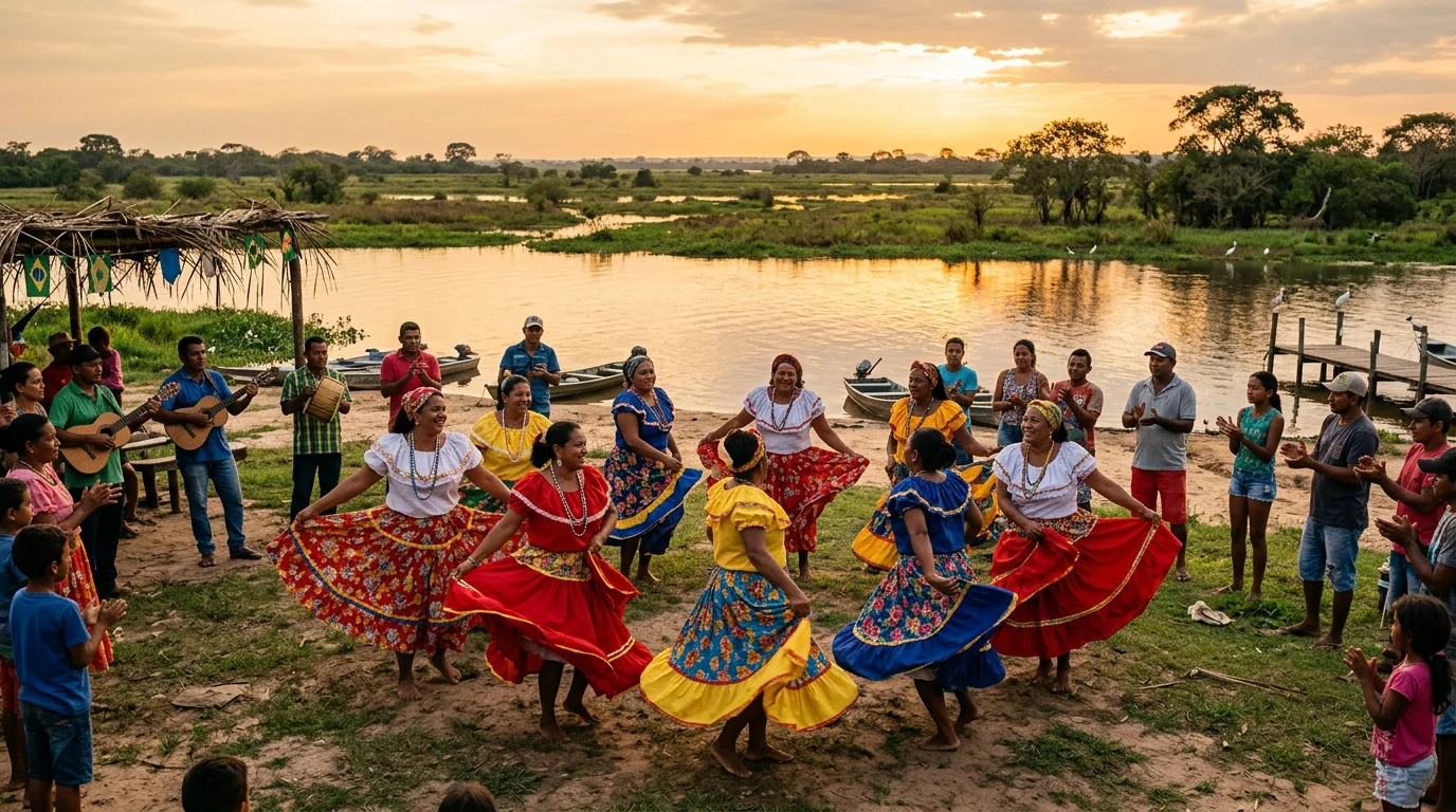 Dança do Siriri no Pantanal com mulheres em saias coloridas celebrando à beira do rio