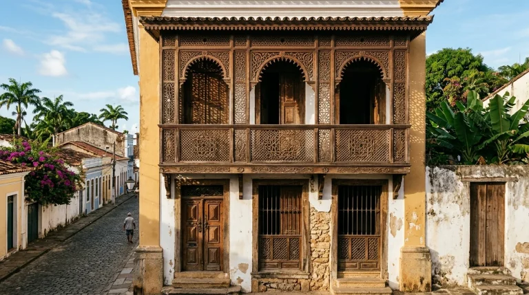 Arquitetura e Arte Islâmica que Moldou Cidades Brasileiras Muxarabi mourisca em fachada colonial de Olinda com treliça de madeira entalhada