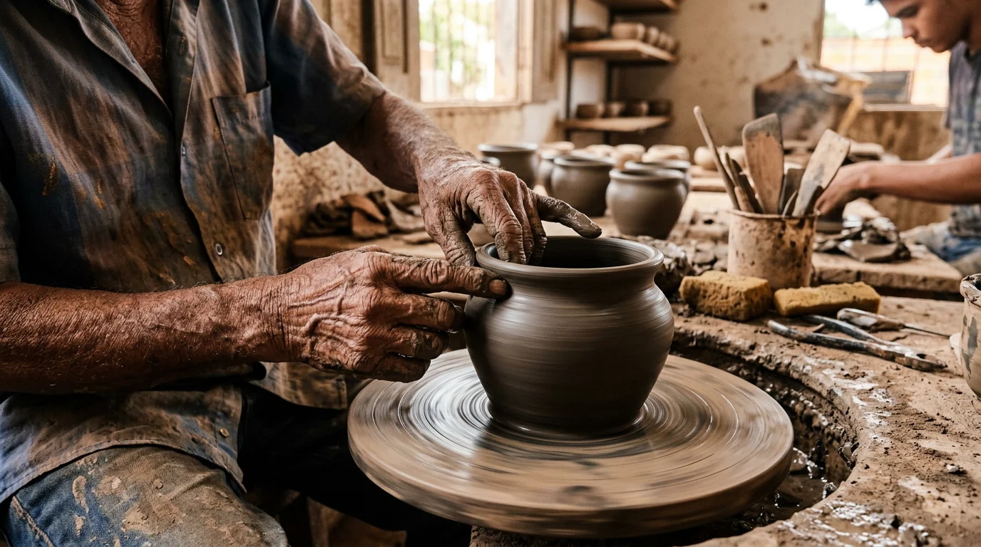 Mãos experientes de ancião brasileiro moldando cerâmica tradicional numa roda de oleiro