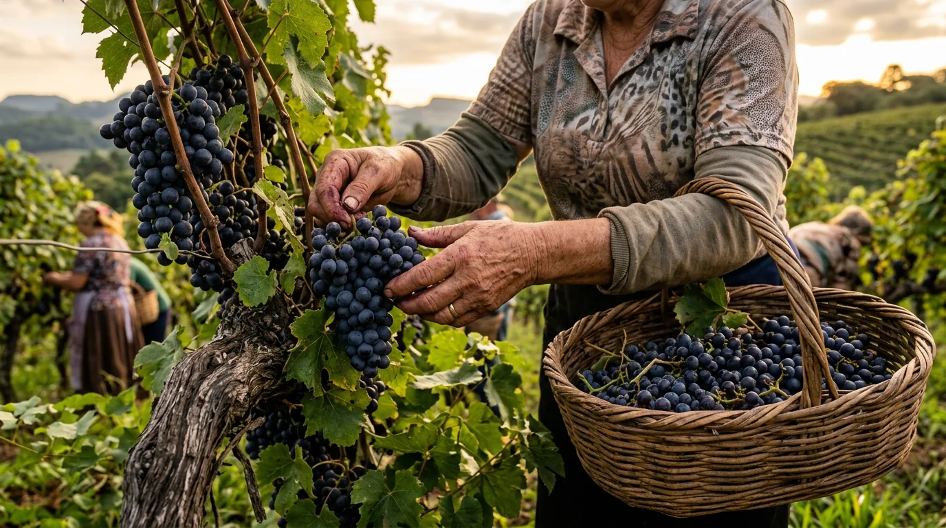 Mãos colhendo uvas maduras durante a vindima na Serra Gaúcha em cesta de madeira tradicional