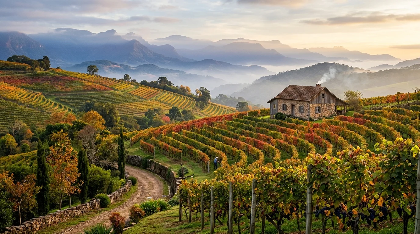 Vinhedo da Serra Gaúcha com casa colonial italiana e paisagem montanhosa ao fundo