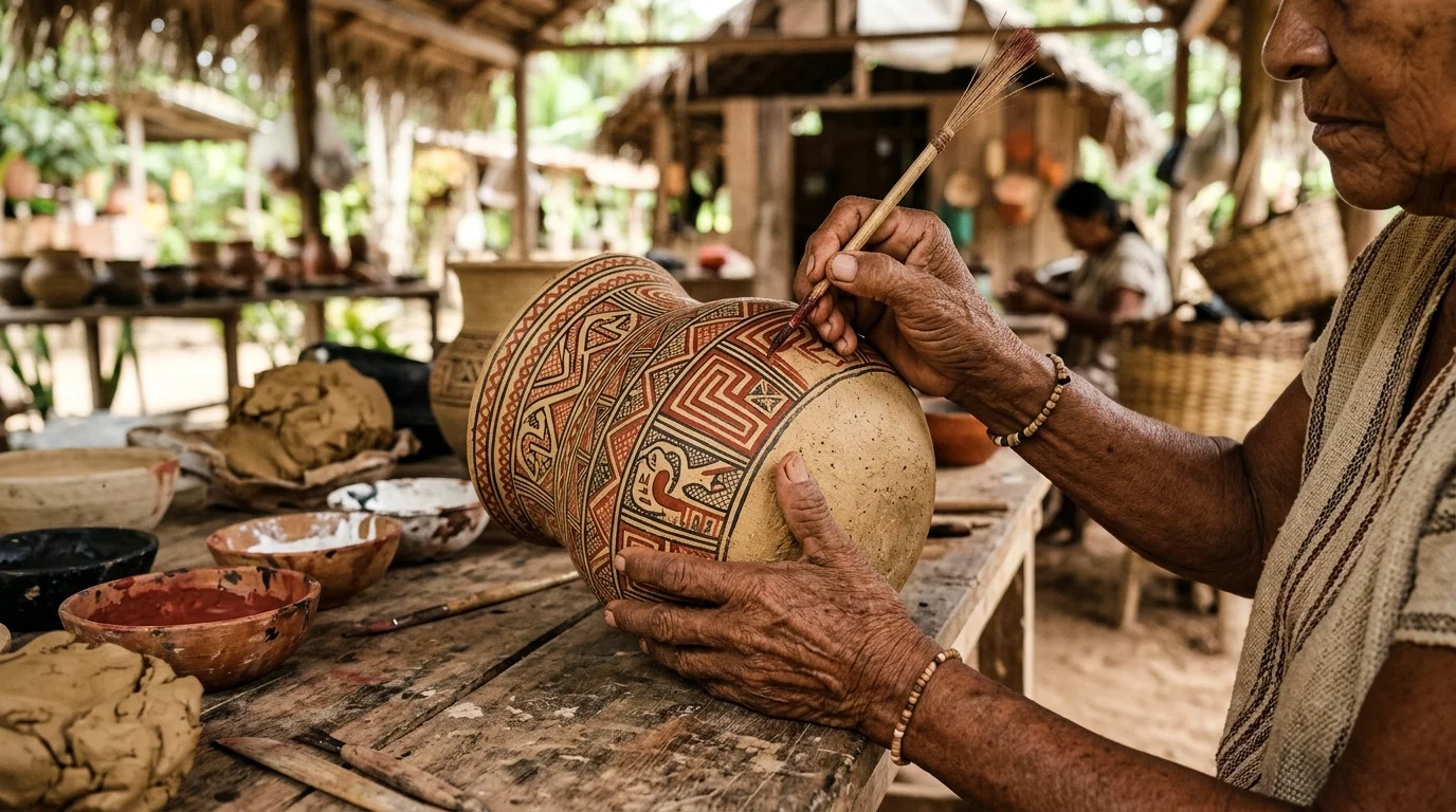 Artesa indigena pintando ceramica marajoara tradicional