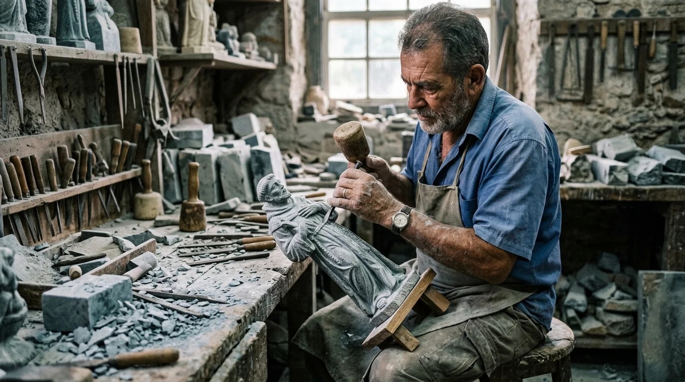 Artesão mineiro trabalhando escultura em pedra-sabão