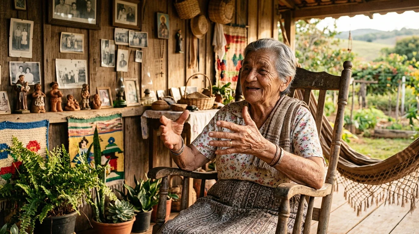 Contador de histórias idoso brasileiro com mãos expressivas em varanda rústica com artesanato local