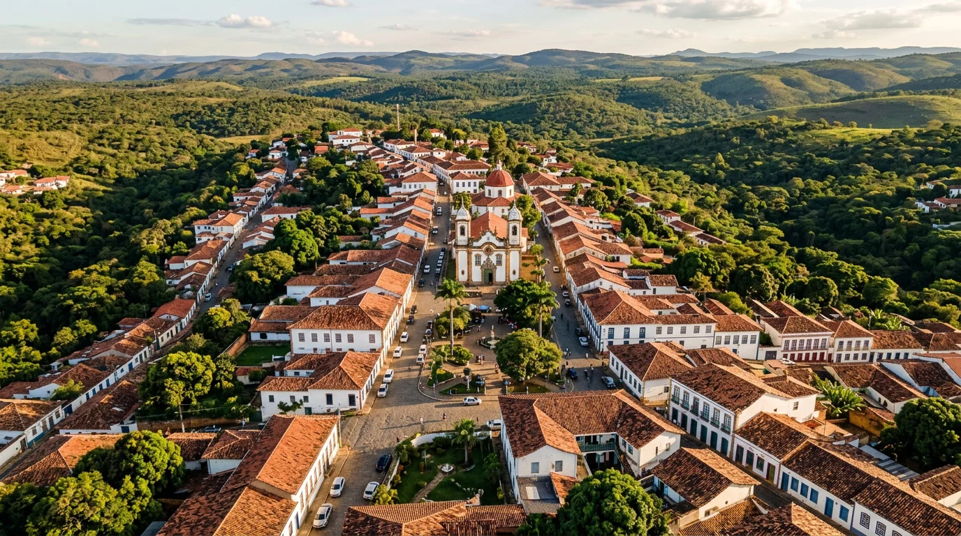 Vista aérea de cidade pequena do interior brasileiro com telhados coloniais e vegetação de cerrado