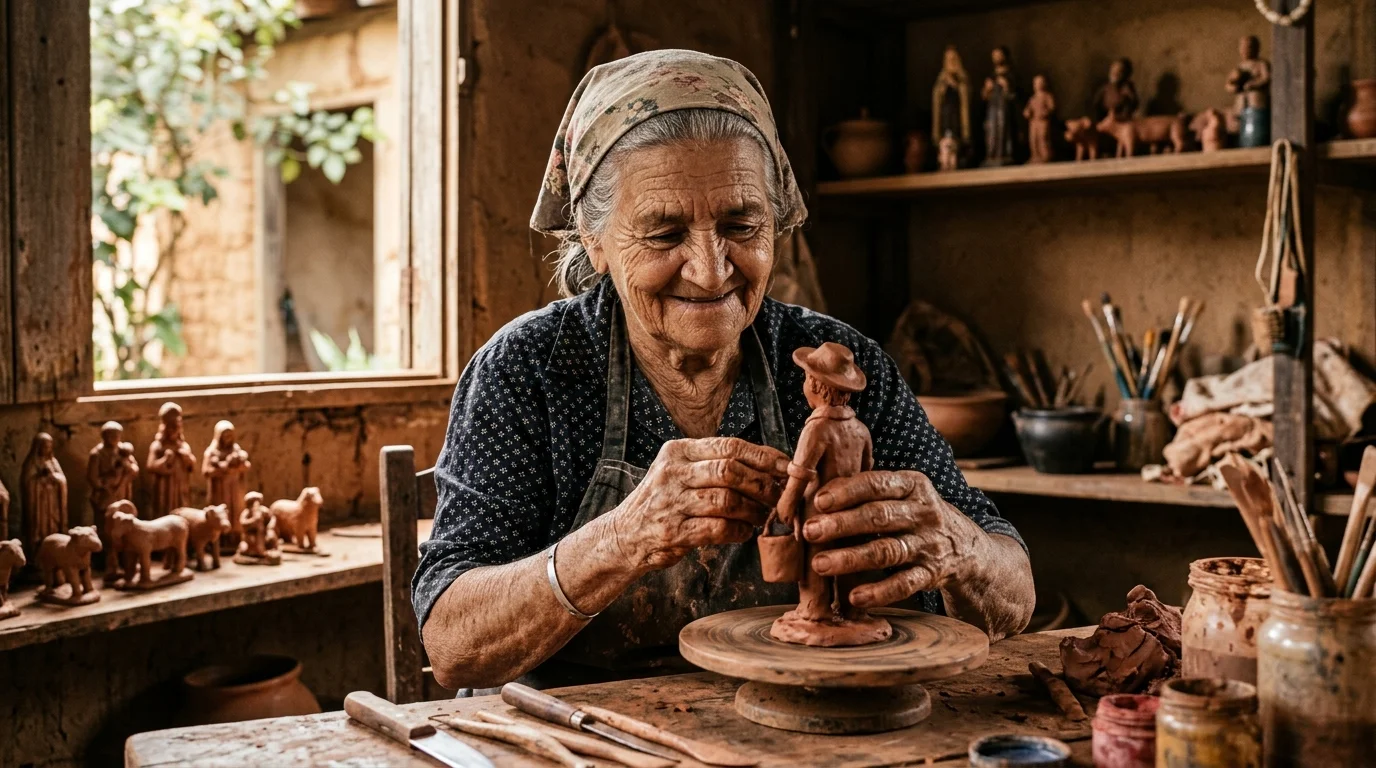 Artesão brasileiro modelando figura de cerâmica em ateliê tradicional
