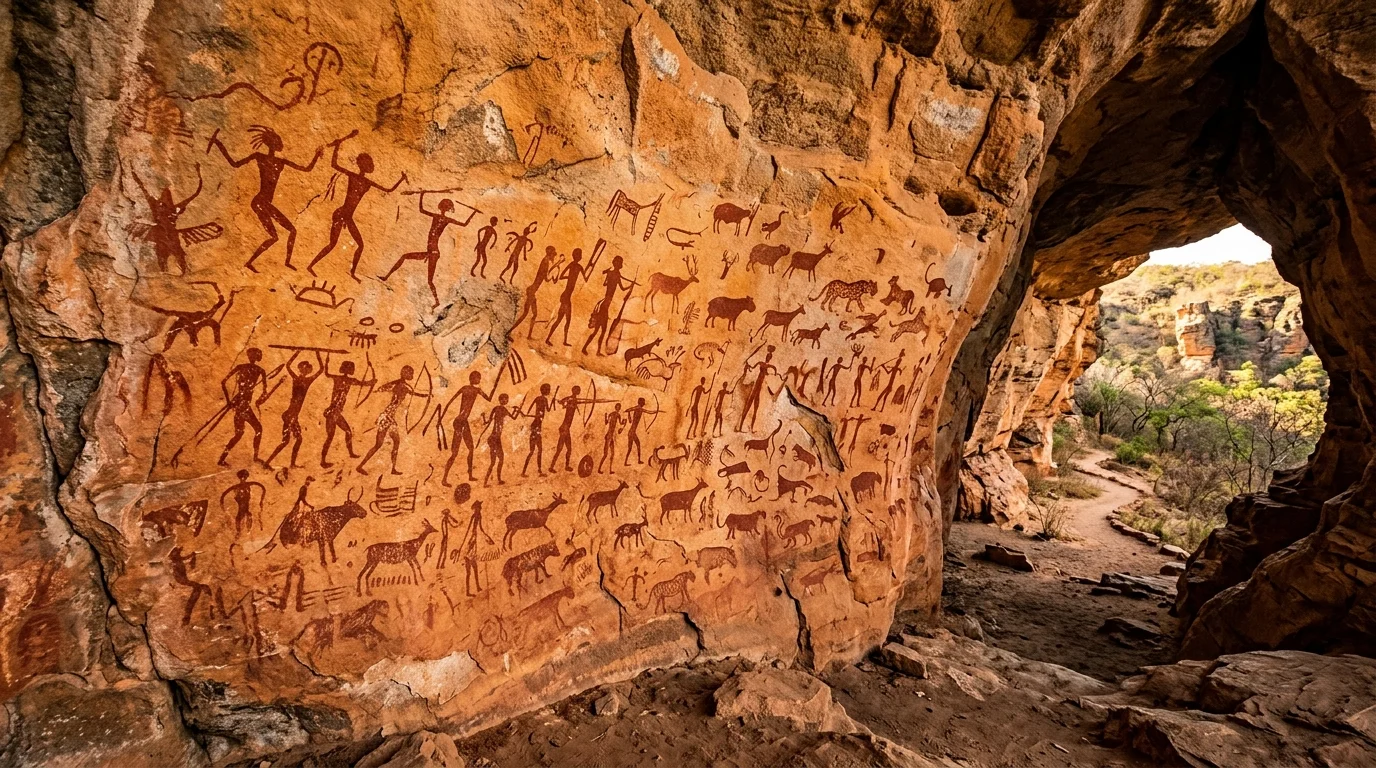 Pinturas rupestres na Serra da Capivara com figuras humanas pré-históricas