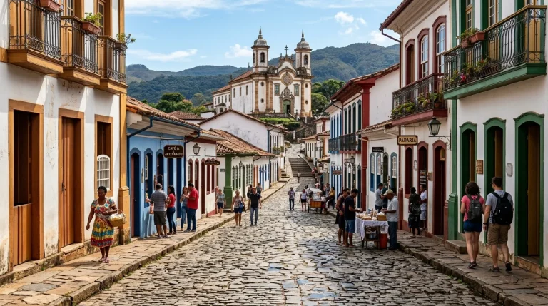 Curiosidades Locais que Revelam Onde o Brasil Nasceu de Fato Pequena cidade histórica brasileira com ruas de pedra e casas coloridas em Minas Gerais