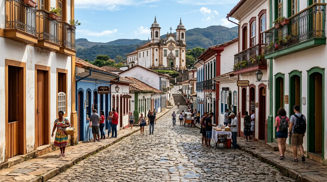 Pequena cidade histórica brasileira com ruas de pedra e casas coloridas em Minas Gerais