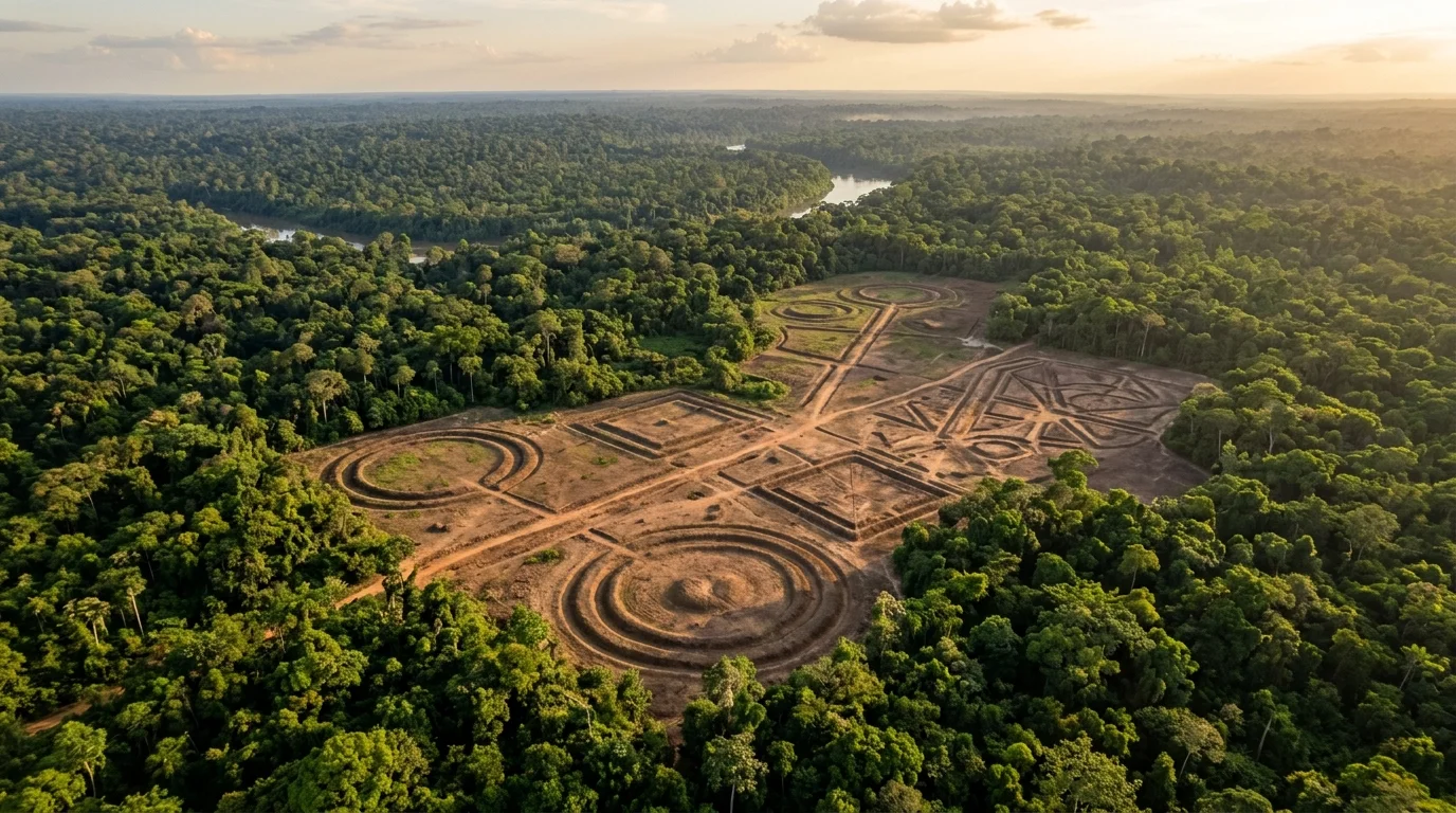 Vista aérea dos geoglifos do Acre na Amazônia com padrões geométricos pré-colombianos