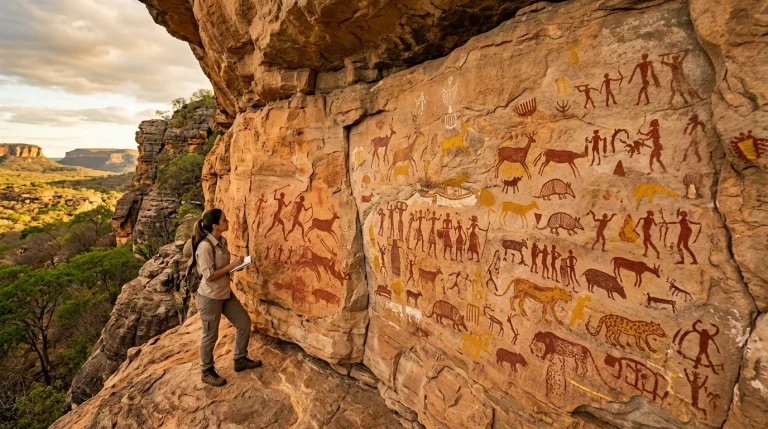Pinturas rupestres pré-coloniais na Serra da Capivara com ocre vermelho na rocha