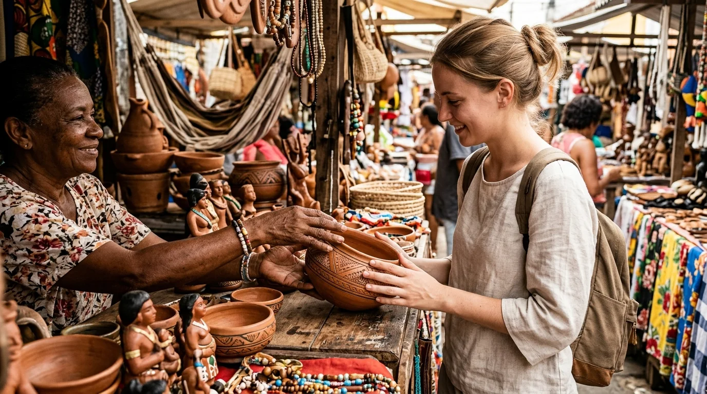 Vendedor local mostrando artesanato de barro a visitante em mercado brasileiro