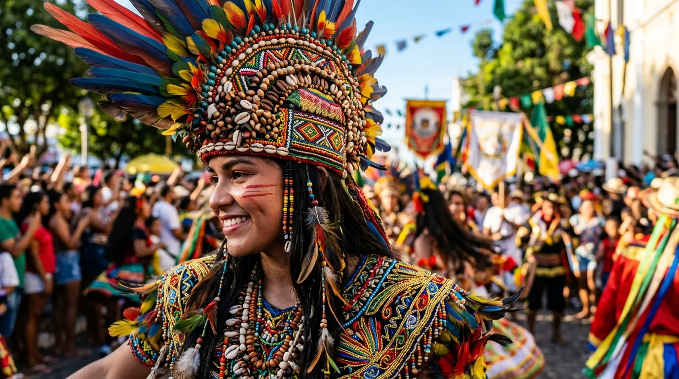 Detalhe de fantasia de festa brasileira com bordados indígenas tradicionais