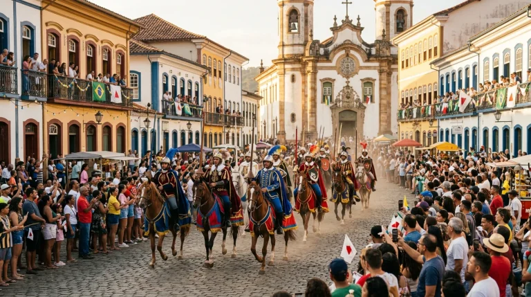 Festival de Cavalhadas com cavaleiros medievais em praça colonial brasileira