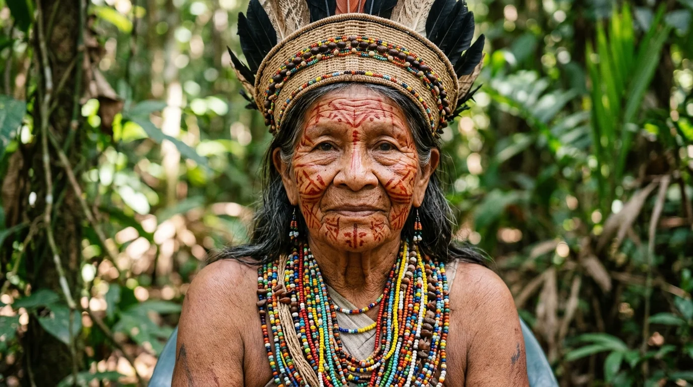 Anciã indígena brasileira em trajes tradicionais com adornos plumários