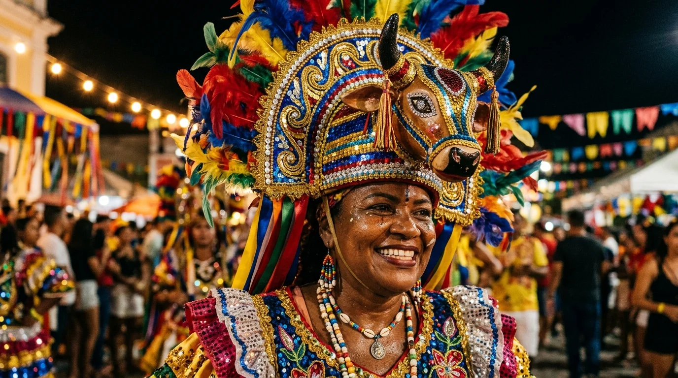 Brincante do Bumba Meu Boi do Maranhão com fantasia elaborada e plumas