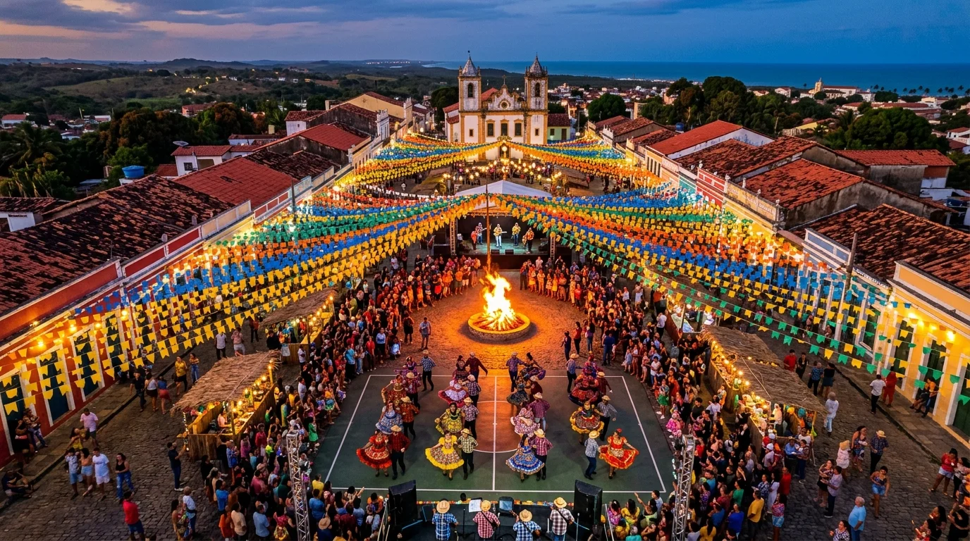 Festival junino vibrante em cidade do Nordeste com quadrilha e fogueira na praça