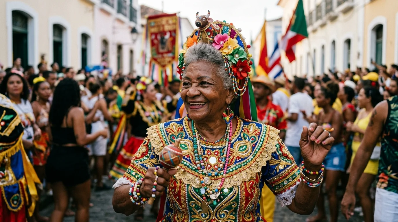 Mulher idosa com traje tradicional de festa popular brasileira com bordados artesanais coloridos